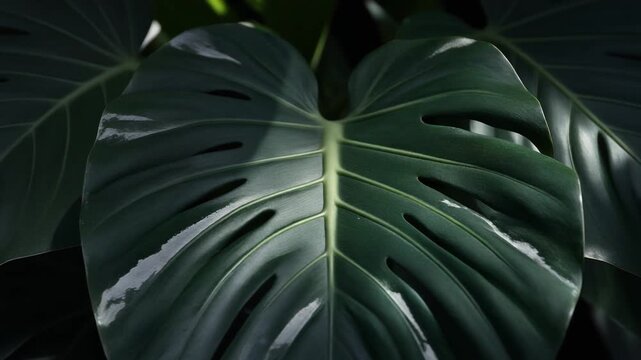 Closeup of a vibrant green Monstera leaf with natural light and shadows.