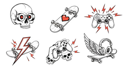 Set of six gaming and skateboarding illustrations with skulls and lightning bolts on white background