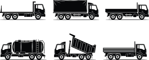 Commercial truck silhouettes set featuring flatbed tarp dump tanker and cargo trucks isolated on white background, transportation vector illustration © Polash