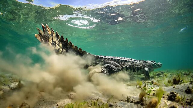 Powerful Crocodile Tail Propulsion Underwater, Reptile Swimming Motion in Clear Green Water, Predator Strength and Survival, Wild Aquatic Action