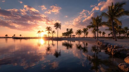 Scenic golden hour beach panorama featuring palm trees, reflections, and a stunning sunset