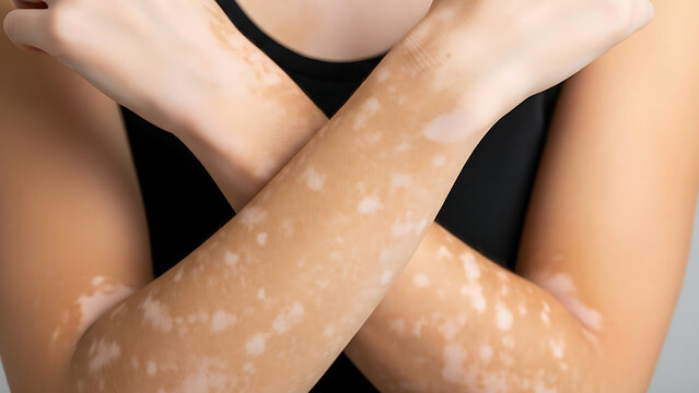Woman with vitiligo skin condition on her arms crossed
