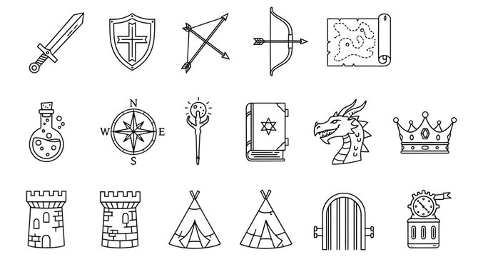This image features a variety of medieval symbols and icons, including a sword, shield, cross, compass, crown, and other historical artifacts. Each symbol represents different aspects of medieval life
