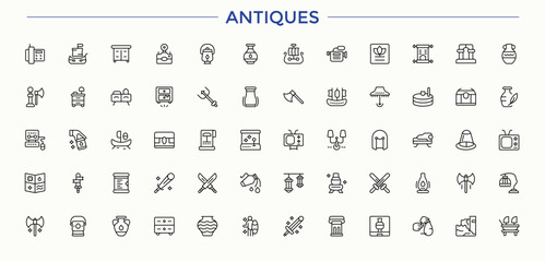 Set of Antiques line icon. Contain linear sign culture, archaeologic, history, exhibit, art and more. Minimal thin line web icons set. Art icon set. Vector artwork and illustration.