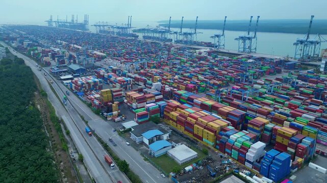 Huge Container port cargo containers cranes. dBest aerial view rone