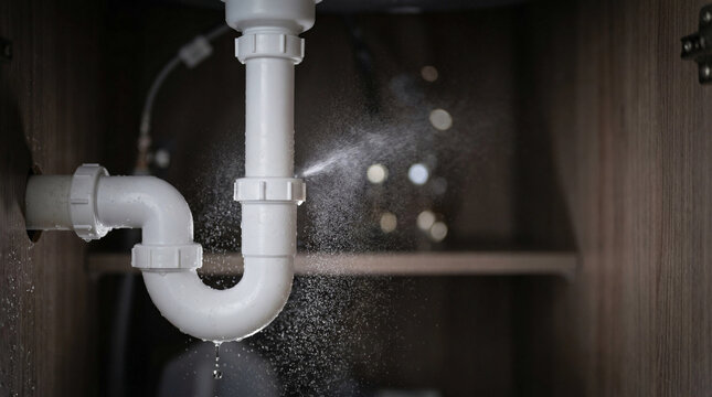 White plastic kitchen sink siphon pipe leaking water spray under the cabinet showing a plumbing emergency at home.