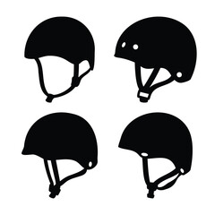 Four black silhouettes of safety helmets for various sports and protective gear © Atique62