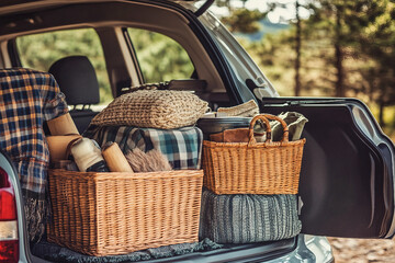 Generative AI image of a car trunk packed with baskets, hats, and blankets, showing cheerful preparation for a spring or summer road trip