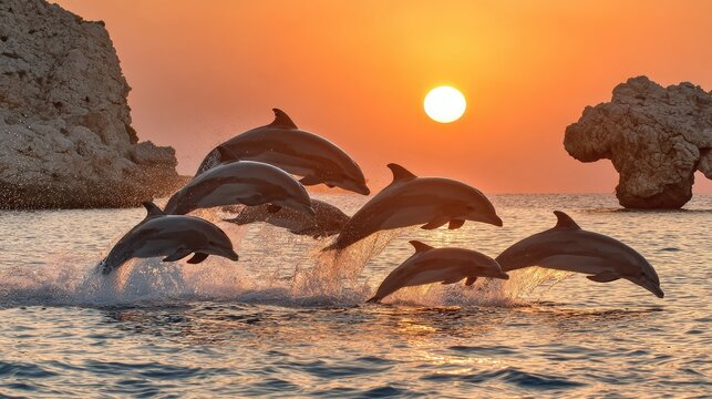 Group of marine mammals leaps above ocean waves during a vibrant sunset with rock formations visible
