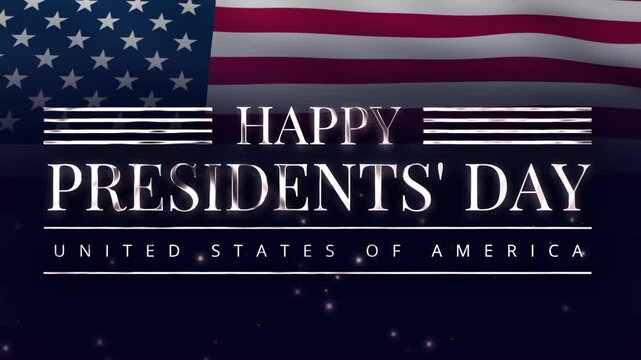 Metallic silver Happy Presidents Day text animation set on a flying United States of America flag background with silver glowing particles.