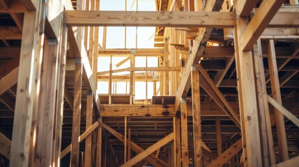 Fototapeta premium Wooden framework of a construction site with beams and supports. Natural light filters through the structure, highlighting the raw materials used in building.