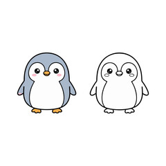 Obraz premium Adorable cartoon penguin character illustration set featuring a vibrant colored version and a clean outline for kids' coloring activities and educational projects