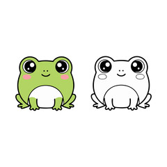 Fototapeta premium Cheerful green cartoon frog and outline drawing vector illustration set. Ideal for kids' coloring books, educational activities, and graphic design projects requiring cute animal elements