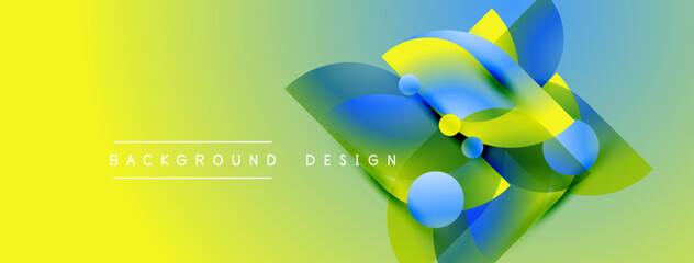 Fototapeta premium Abstract yellow, blue design. Gradient background features flowing shapes, spheres, text elements. Modern visual composition.