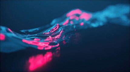 Luminescent fluid wave flows across a dark, reflective surface with neon highlights