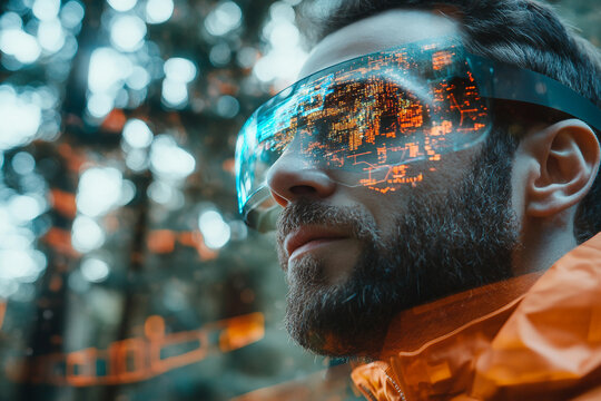 Close up of futuristic smart visor displaying data with glowing neon interface on young person, generative ai
