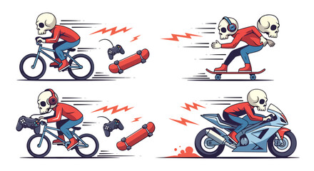 Skull rider on bicycle skateboard and motorcycle with gaming controllers