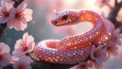 Fototapeta premium The image shows a pink snake surrounded by glowing fairy lights and cherry blossoms