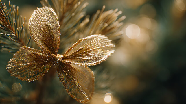 Golden decorative bow on pine branch