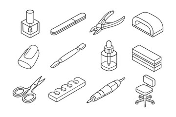 Nail care tools set: polish, clipper, file, uv lamp, cuticle oil, chair.