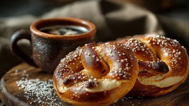 On a rustic wooden board, soft pretzels with a cup of water and coarse salt. Christian Lenten fasting customs that resemble crossed arms in prayer