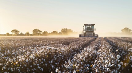 Fototapeta premium A cotton field at sunrise with a cotton harvester working among white cotton plants. Dust rises in the early morning light, creating a serene agricultural scene.