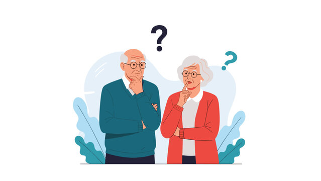 Elderly couple looks confused with question marks above their heads while they try to remember something or solve a complex problem.