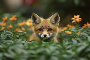 Obraz premium Close-Up of a Curious Fox in Natural Habitat with Greenery and Flowers - Generative AI