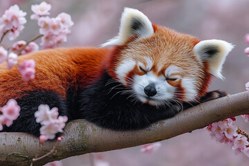 Adorable Red Panda Resting Among Pink Blossoms in Nature - Generative AI