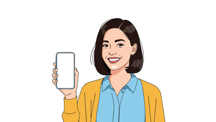 Smiling young woman with short brown hair holding up a smartphone with a blank white screen for custom content display.