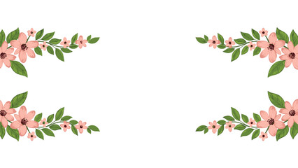 Elegant symmetrical floral border featuring clusters of pink flowers and lush green leaves in the four corners on a white background.