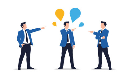 Three businessmen in blue suits pointing in different directions with colorful speech bubbles over their heads to represent communication.