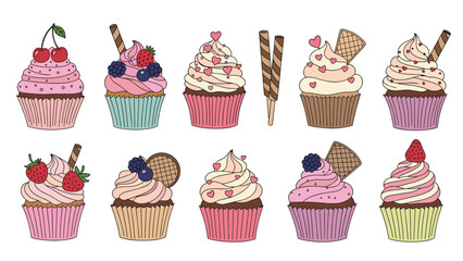 Assortment of delicious cupcakes decorated with various toppings like cherries, strawberries, blackberries, hearts, and wafer cookies.