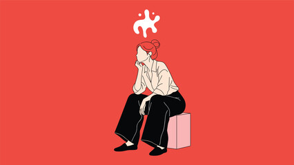 Woman sitting on a pink box and looking thoughtful with a unique liquid like thought bubble above her head against a solid red background.