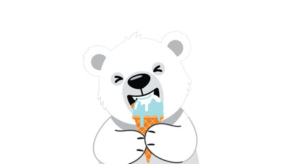 Close up illustration of a happy polar bear enjoying a delicious blue ice cream cone against a clean white background.