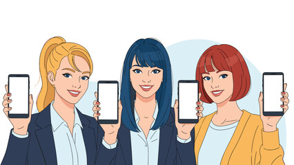 Three professional women holding up smartphones with blank screens for mobile app mockups or digital content presentation.