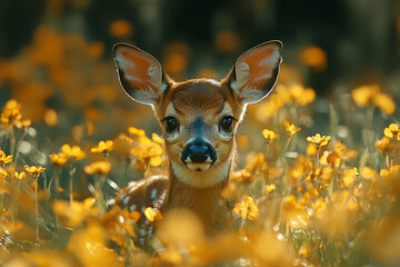 Adorable Young Deer Resting in a Meadow of Yellow Wildflowers During Springtime - Generative AI