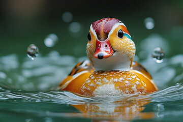 Close-Up of Vibrant Duck Swimming in Nature with Water Droplets on Head - Generative AI