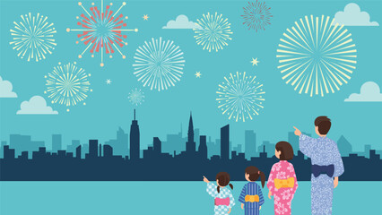 Japanese family wearing traditional yukata kimono watching vibrant fireworks display over a modern city skyline at a summer festival.