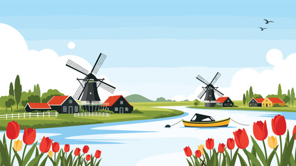 Scenic Dutch landscape featuring traditional windmills, colorful houses, a river with a small boat, and red tulip fields in the foreground.