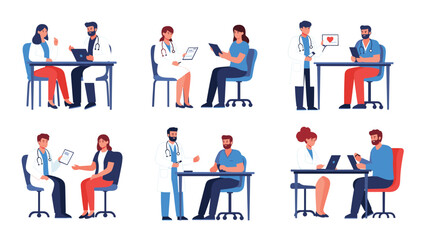 Collection of medical consultation scenes showing doctors in white coats discussing health issues with patients in a professional setting.