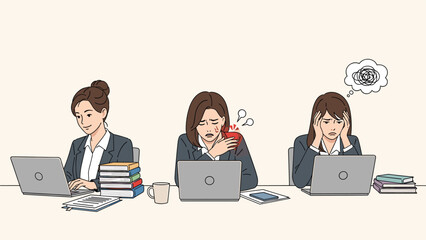 Workplace illustration showing three women dealing with different issues like heavy workload, shoulder pain, and stress while using laptops.