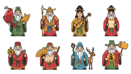 Traditional illustrations of the Seven Lucky Gods from Japanese mythology and folklore, depicting each deity with their unique symbols.