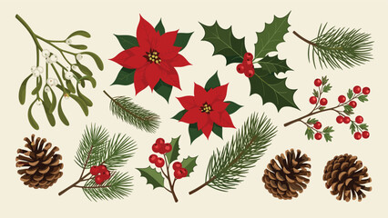 Assortment of festive holiday botanical elements including red poinsettias, green holly leaves, mistletoe, pine branches, and pine cones.