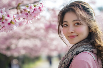 Generative AI portrait of a young Asian person enjoying spring serene moment in a blooming Japanese park