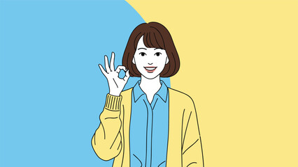 Friendly young woman with brown hair making an okay hand gesture against a split blue and yellow circular background illustration.