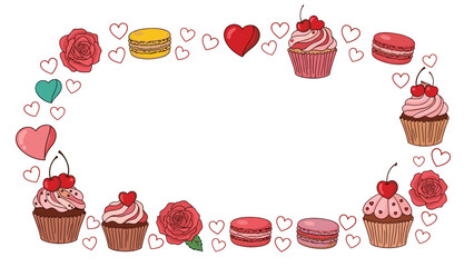 Romantic border frame composed of pink cupcakes, macarons, roses, and hearts on a white background for Valentine's Day celebrations.