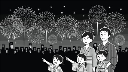 Black and white scene of a family in traditional dress pointing at a large firework display over a city skyline during a festival.