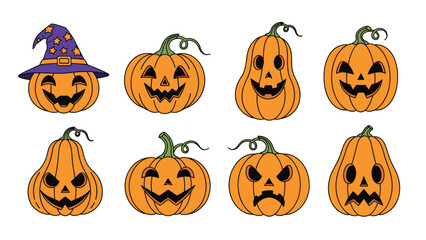Assortment of eight jack-o-lantern pumpkin faces with various expressions for Halloween festive decorations and graphic design elements.