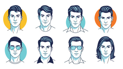 Stylized set of male head portraits with diverse hair and glasses styles presented as avatars against colored circular backgrounds.